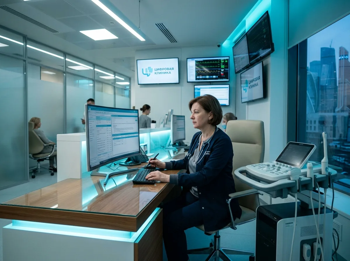 Современный медицинский центр в Москве, интерьер цифровой клиники с мониторами и медицинским оборудованием, синеватое рабочее освещение, врач за рабочим столом